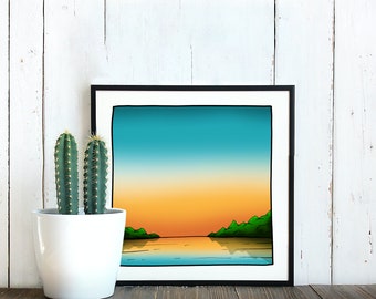 Big Sky Lake illustration | Digital Print | Vibrant color | Instant Download | Custom Design | Printable Art