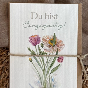 Tarjeta de felicitación, A6, con sobre de papel kraft y lazo rústico du bist einzigartig , Flores, Eres única, hermosa, Amante de la naturaleza, amor