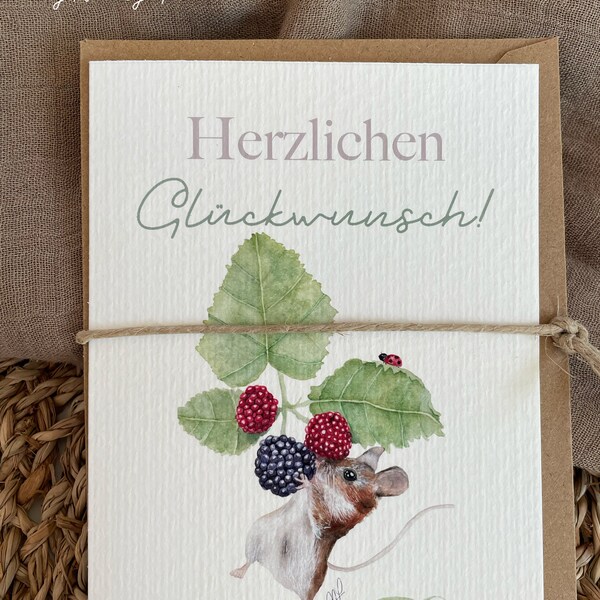 Herzlichen glückwunsch, Greeting Card, Happy Birthday, mouse, fruits of the forest, cute animals, cute mouse, Congratulations