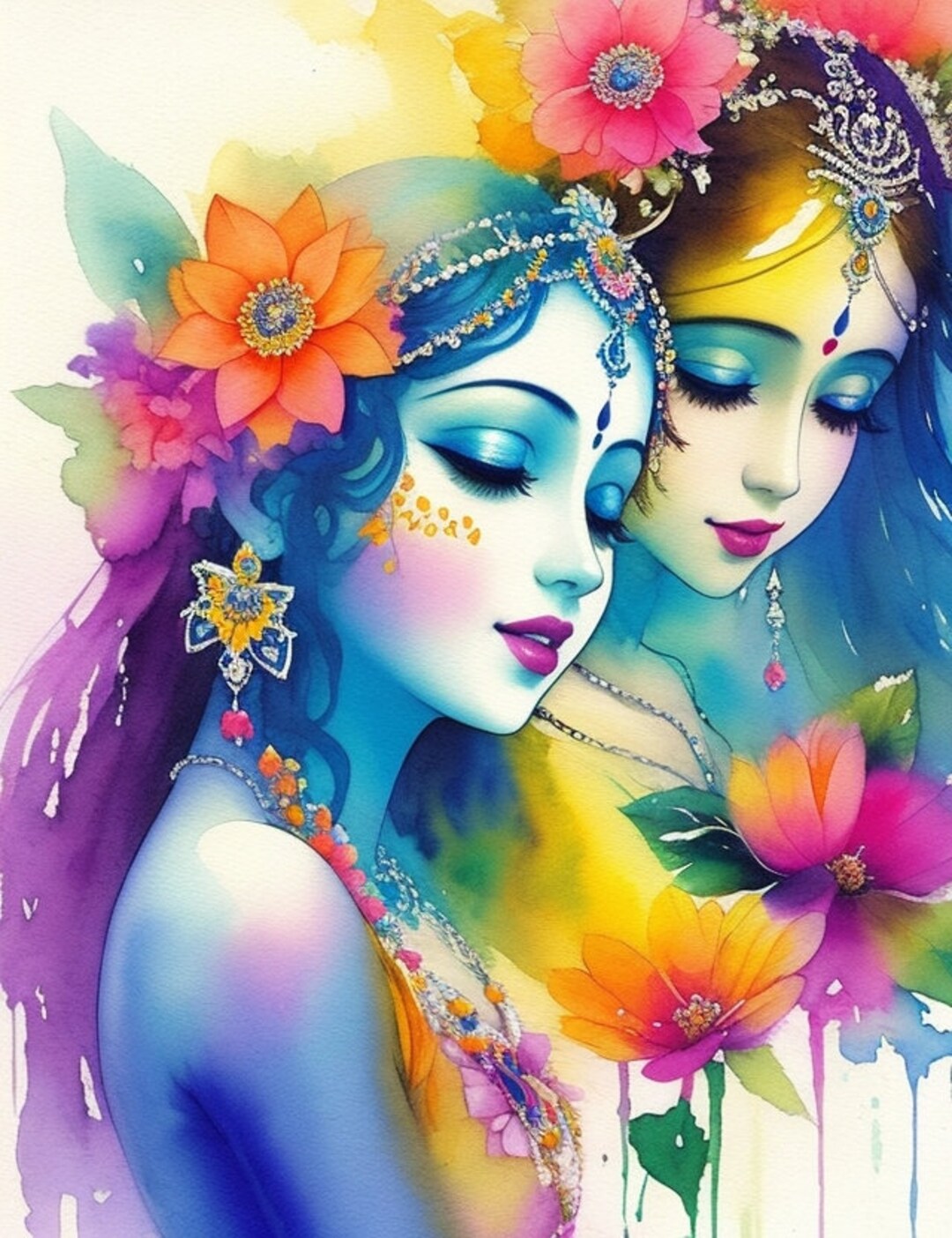 Radha Krishna Watercolor Painting Digital Print of a Girl Etsy