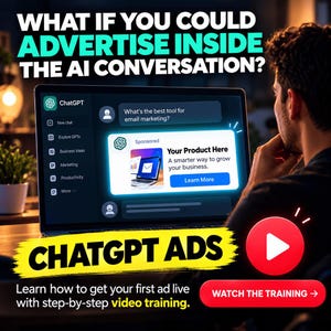 May include: A laptop screen displays a ChatGPT interface featuring a sponsored advertisement box with the text Your Product Here and Learn More. Large white text above reads WHAT IF YOU COULD ADVERTISE INSIDE THE AI CONVERSATION? and CHATGPT ADS.