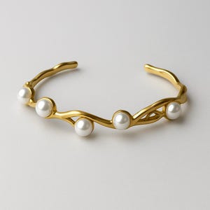 Gold Pearl Cuff Bracelet – Adjustable Stainless Steel Bangle with Branch Design – Elegant Open Bangle for Women