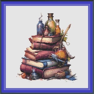 Wizard Books, potions cross stitch pattern