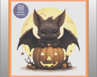 Chauve-souris en dessin animé avec motif citrouille au point de croix (téléchargement numérique)