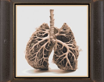 May include: A detailed anatomical illustration of human lungs, depicted as a network of intricate branches resembling a tree. The image is in sepia tones, creating a vintage aesthetic.