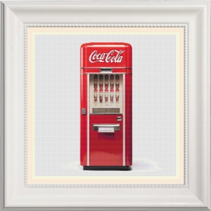 May include: A vintage red Coca-Cola vending machine with a white sign and a glass front. The machine has a coin slot and a lever to dispense drinks.