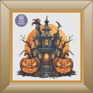 Haunted house pumpkins counted cross stitch pattern