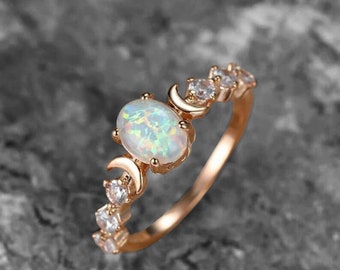 Oval Opal Wedding Ring Vintage Cluster Moissanite Ring Rose Gold Unique Moon Engagement Ring Bridal Wedding Ring For Women Anniversary Gift