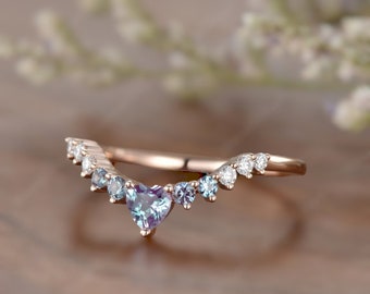 Unique Heart Shape Alexandrite Wedding Band Rose Gold Curved Dainty Ring Moissanite Eternity Engagement Stacking Matching Anniversary Ring