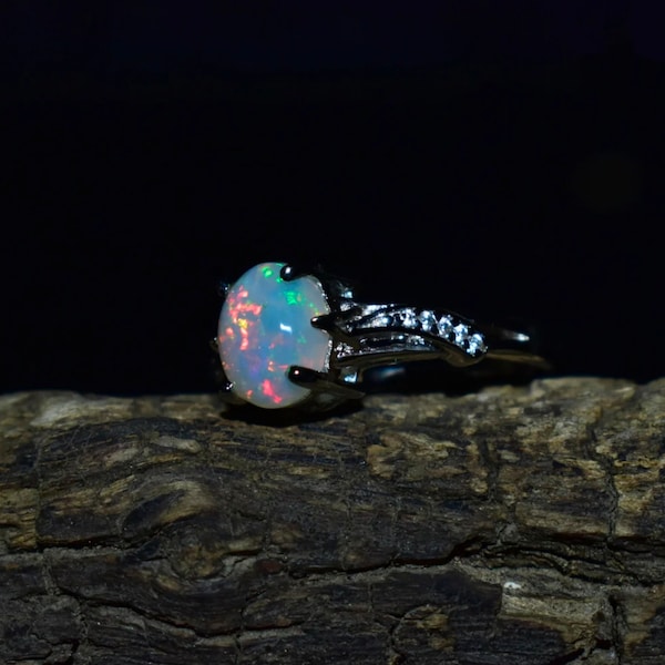 Natural White Opal Ring Black Gold Opal Engagement Ring Fire Opal Ring Oval Shape Opal Wedding Ring Unique Desing Promise Anniversary Gift