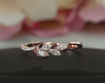 Marquise Cut Moissanite Wedding Band Vintage Delicate Rose Gold Wedding Ring Leaf Branch Daimond Band Bridal Antique Matching Dainty Band,