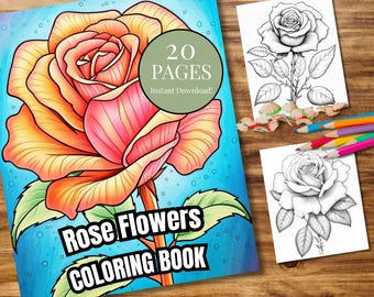 Könnte beinhalten: Ein digitales Malbuch mit einer großen, leuchtend orangefarbenen und rosafarbenen Rose auf blauem Hintergrund mit dem Text 20 PAGES Instant Download! und Rose Flowers COLORING BOOK, sowie zwei schwarz-weißen Malvorlagen mit Buntstiften.