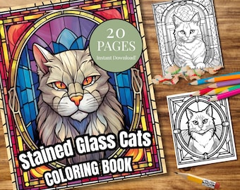 Stained Glass Cats Coloring Book | 20 Printable Pages | Geometric Cat Coloring | Instant Download PDF