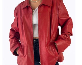 Women's Red Oversized Leather Jacket | Handmade 90's Bomber jacket | Baggy Jacket