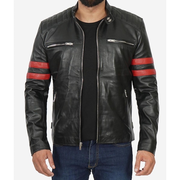 Men's Black Leather Retro Cafe Racer Jacket | Handmade Red Striped Biker Jacket | Motorcycle Jacket