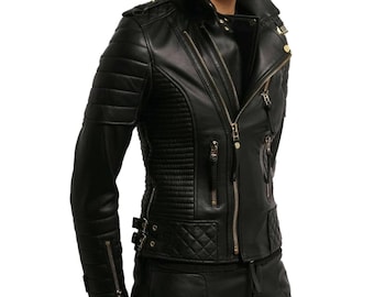 Women's Black Quilted Leather Biker Jacket | Handmade Black Leather Motorcycle Jacket | Riding Jacket