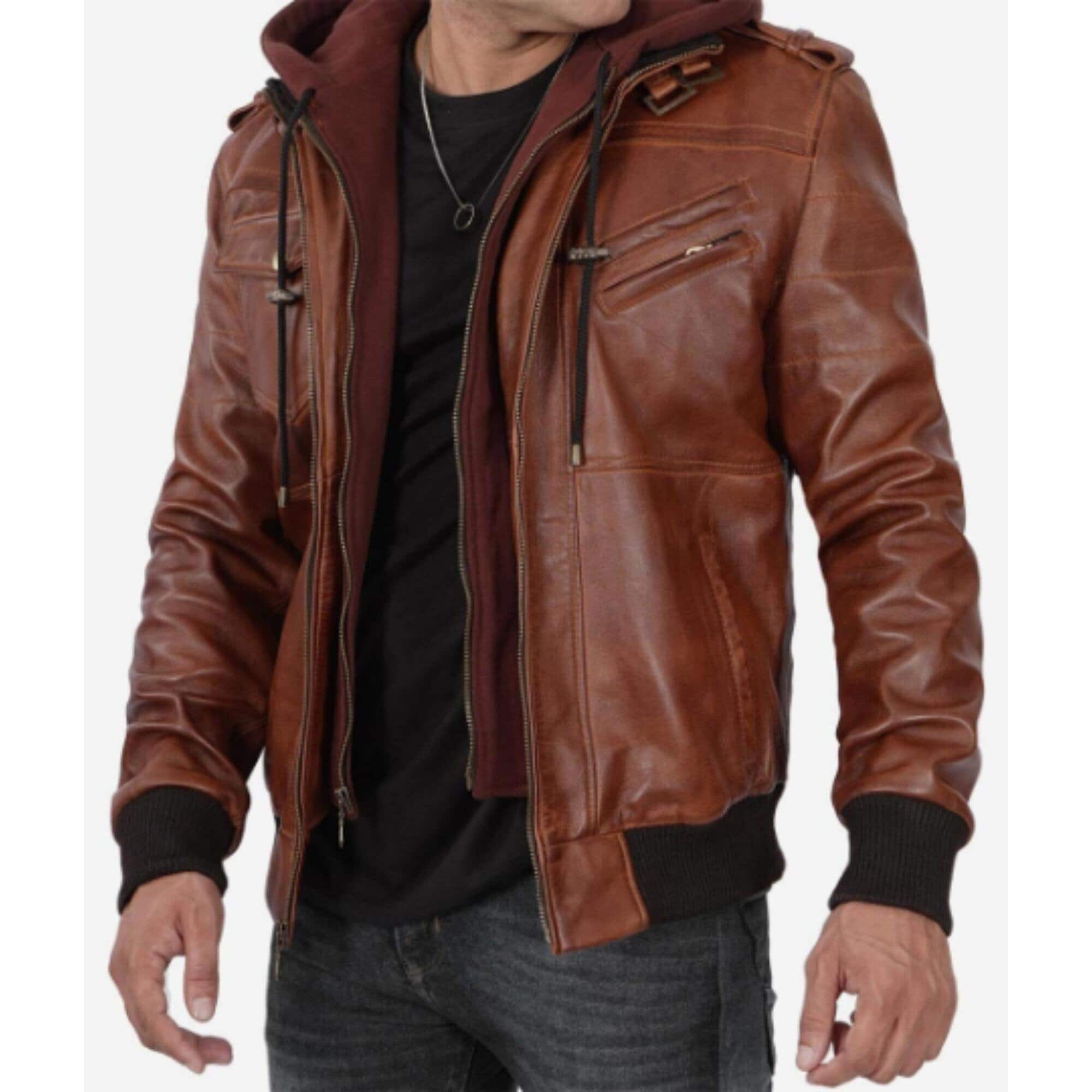 Mens leather jacket clearance with removable hood