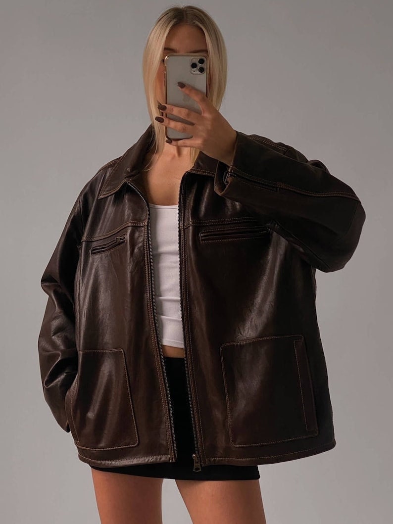 90's Oversized Brown Leather Jacket Handmade Real Leather Oversized ...