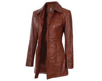 Women's Brown Leather Trench Coat | Handmade Sheep skin Waxed Leather Coat | Women's Real Leather Stylish Overcoat