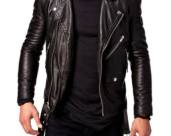 Men Black Real Leather Biker Jacket | Handmade Slim fit Black Jacket | Premium Leather Motorcycle Jacket For Men