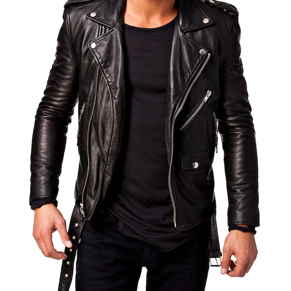 Men Black Real Leather Biker Jacket | Handmade Slim fit Black Jacket | Premium Leather Motorcycle Jacket For Men