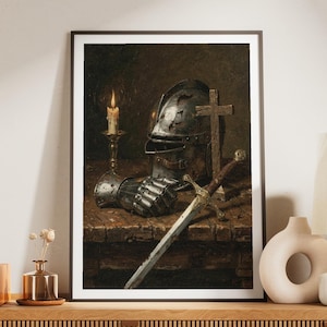Armor of God Wall Art, Dark Moody Christian Oil Painting, Knight Helmet Cross Sword Vintage Art, Spiritual Warfare Father's Day Gift for Men