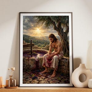 May include: A framed art print depicts a biblical scene with a man seated near a stone well. The artwork features a sunset, a tree, and a figure in white robes. The print is displayed on a wooden cabinet with a stereo, vase, and lamp.