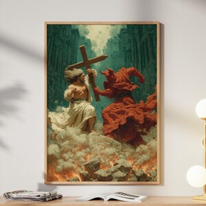 Könnte beinhalten: Gerahmter Kunstdruck mit einer religiösen Szene, die Figuren in fließenden Gewändern zeigt, von denen eine ein Kreuz trägt. Das Kunstwerk zeigt einen dramatischen Himmel und einen feurigen, wolkengefüllten Vordergrund. Der Rahmen ist hellholzfarben.