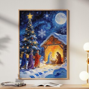 May include: A framed Christmas-themed painting depicts the Nativity scene under a starry night sky. The artwork features a decorated Christmas tree, the three wise men, and a glowing stable. The painting is displayed above a wooden cabinet.
