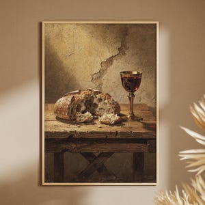 Eucharist Bread and Wine Vintage Oil Painting Print, Sacramental Wall Art, Gift for Pastor Maundy Thursday Holy Week Easter Decor Download