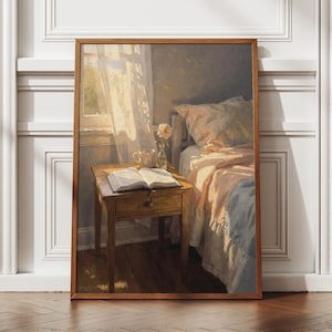 Morning Bible Study Wall Art, Christian Digital Download, Neutral Oil Painting, Religious Gift for Mom, Prayer Room Art, Cozy Bedside,Easter