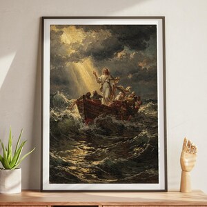 Jesus Calming The Storm Vintage Digital Print | Faith Over Fear Christian Easter Gift For Mum | Peace In The Storm Printable Baptism Art