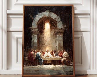 May include: A framed print of a religious painting depicting a gathering of people around a table. The artwork features warm tones, with figures in robes and a central figure illuminated by light from an arched opening. The frame is a warm brown.