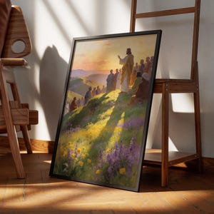 Jesus Preaching Wildflower Hillside Oil Style Digital Print, Christian Wall Art, Easter Gift for Mom, Baptism Decor, Bible Art, Faith Decor