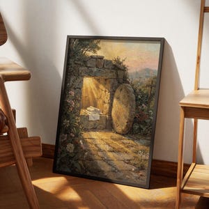 Empty Tomb Easter Wall Art, He Is Risen Christian Digital Print, Resurrection Sunday Gift for Mom, Warm Oil Painting Style Religious Decor