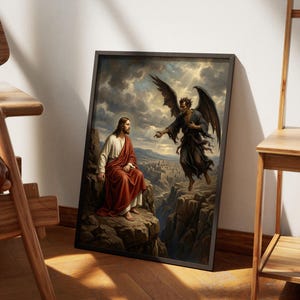 Temptation of Christ Digital Print, Jesus in Wilderness Wall Art, Dark Moody Oil Painting, Christian Gift for Men, Lent Easter Decor