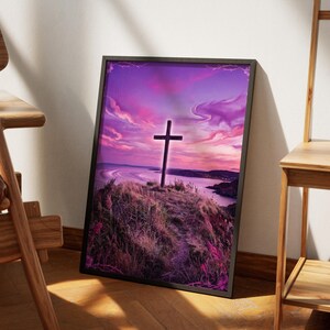 Purple Sunset Cross Wall Art, Christian Digital Download, Religious Gift for Mom, Easter Home Decor, Modern Spiritual Landscape, Faith Print