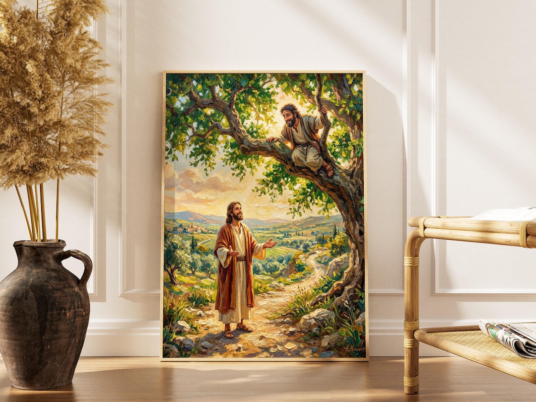 Zacchaeus in Sycamore Tree Wall Art, Jesus Painting Digital Print ...