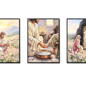Set of 3 Jesus Art Prints, Good Shepherd, Feet Washing, Empty Tomb Decor,Easter Gift for Mom,Baptism Wall Art,Pastel Christian Bible Nursery