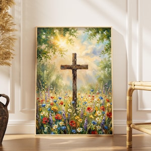 Könnte beinhalten: Gerahmtes Gemälde eines Holzkreuzes in einem Feld mit Wildblumen. Das Kreuz steht im Mittelpunkt, mit Sonnenlicht, das durch die Bäume im Hintergrund scheint. Die Blumen sind eine Mischung aus Rot, Blau, Gelb und Lila.
