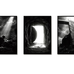 Empty Tomb Digital Art, Christian Triptych Set, Black and White Jesus Print, Easter Gift for Men, Modern Lent Decor, 3 Piece Cross Wall Art