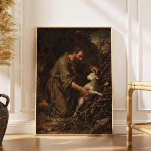 Good Shepherd Lost Lamb Christian Digital Download Print, Jesus Rescuing Sheep Vintage Oil Painting Wall Art, Religious Healing Gift for Men