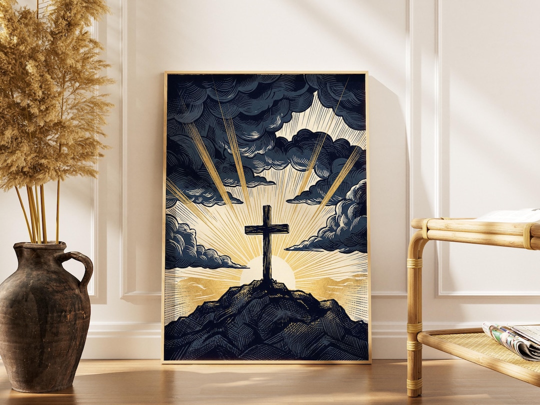 Christian Wall Art Digital Download, Woodcut Cross Print, Navy Gold ...