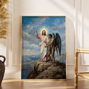 Könnte beinhalten: Ein gerahmter Druck eines religiösen Gemäldes, das eine Figur in weißen Gewändern mit Heiligenschein zeigt, die nach oben zeigt, und eine andere Figur mit dunklen Flügeln. Der Hintergrund zeigt einen bewölkten Himmel und eine bergige Landschaft.