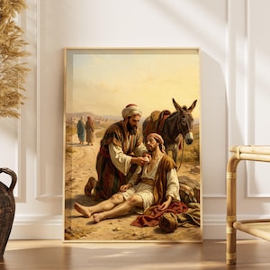 Good Samaritan Parable Digital Print, Luke 10 Oil Painting Wall Art, Christian Healing Gift For Pastor, Love Thy Neighbor Easter Artwork