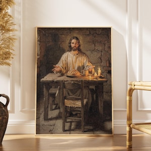 Come to the Table Jesus Printable Wall Art, Vintage Christian Oil Painting Digital Download, Holy Communion Easter Gift, Prayer Room Decor