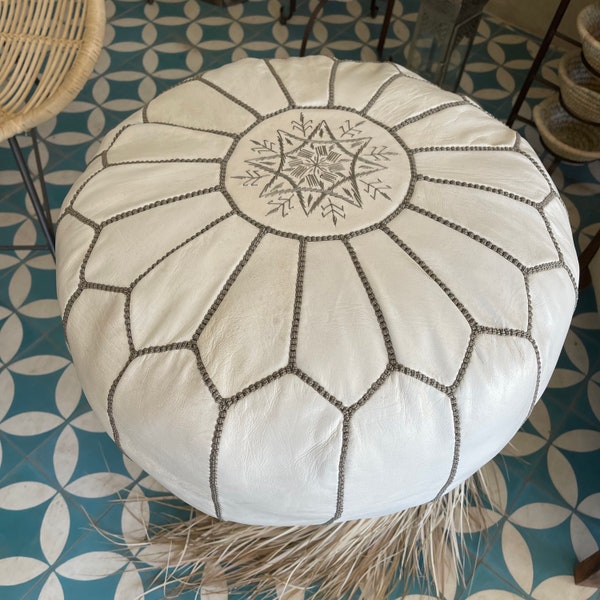 White Othmanos Pouf with Gray Embroidered Lines - Chic and Elegant Ottoman for Stylish Home Decor