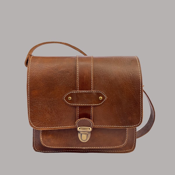 Shoulder bag in genuine and vintage natural leather, a unique bag and ideal for offering leather bag, gift bag