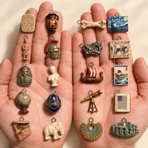 May include: A collection of twenty miniature charms featuring diverse historical and artistic motifs, including an Egyptian tablet, a Greek vase, a bone, a Starry Night painting, a helmet, a meteorite, a bust, a Viking ship, and a globe.