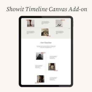 May include: A digital tablet displays a website timeline design. The text "Showit Timeline Canvas Add-on" is at the top. The timeline includes photos and text for the years 2020, 2021, and 2022. The words "Our Timeline" are in the center.